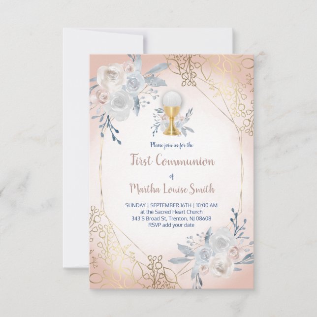 first communion pale flowers invitation (Front)