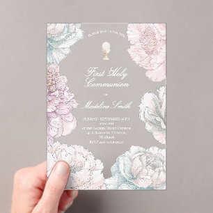 first communion pastel colours peonies  acrylic invitations