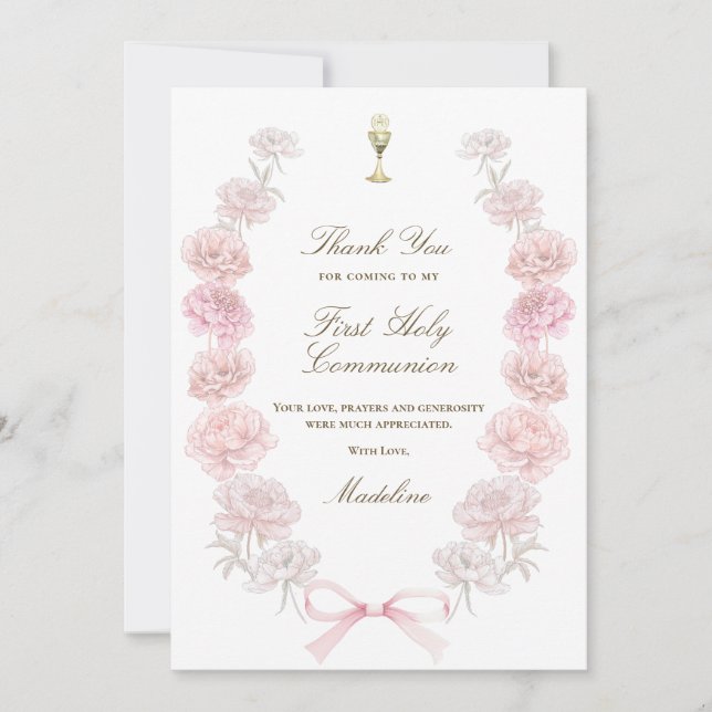 first communion peonies frame thank you card (Front)