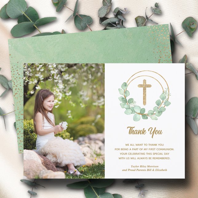 First Communion Photo Cross Eucalyptus  Thank You Card (Creator Uploaded)