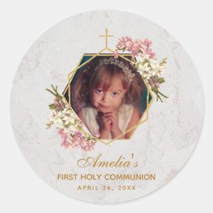 First Communion Photo Gold Pink Orchids Marble Classic Round Sticker