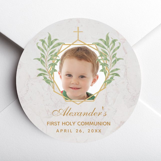 First Communion Photo Greenery Botanical Geometric Classic Round Sticker (Creator Uploaded)