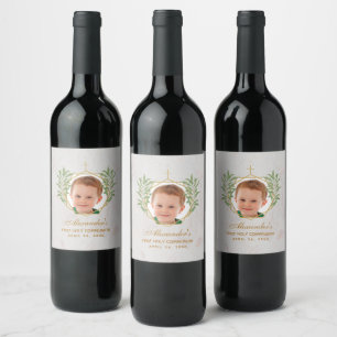 First Communion Photo Greenery Foliage Gold Marble Wine Label