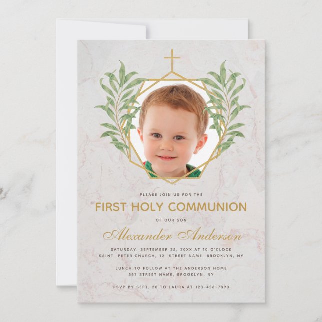 First Communion Photo Greenery Gold Marble Foliage Invitation (Front)