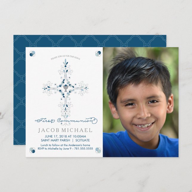 First Communion Photo Invitation Boy's, Custom (Front/Back)