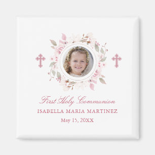 First Communion Photo Pink Flower Cross Favour Magnet