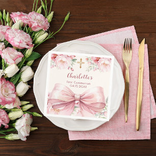 First Communion pink bow cream florals Napkin
