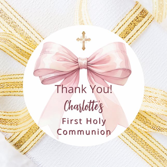 First Communion pink bow girl cross thank you Classic Round Sticker (Creator Uploaded)