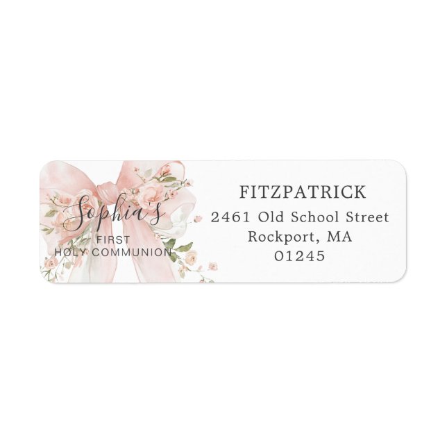 First Communion Pink Bow Roses Return Address (Front)