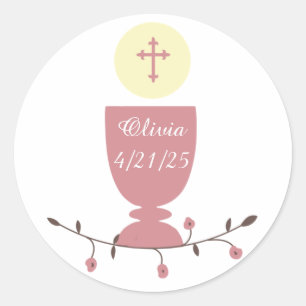 First Communion, Pink Chalice with Cross Classic Round Sticker