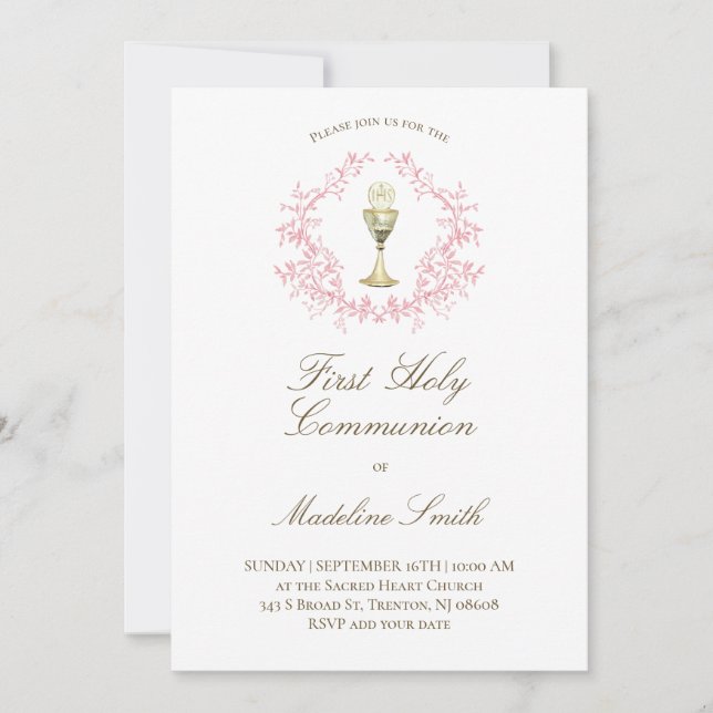 first communion pink crest invitation (Front)