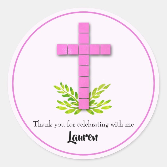 First Communion Pink Cross Classic Round Sticker (Front)