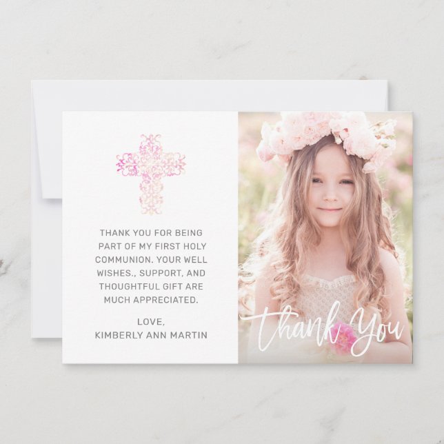 First Communion Pink Floral Cross Script Photo Thank You Card (Front)