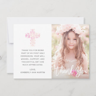 First Communion Pink Floral Cross Script Photo Thank You Card