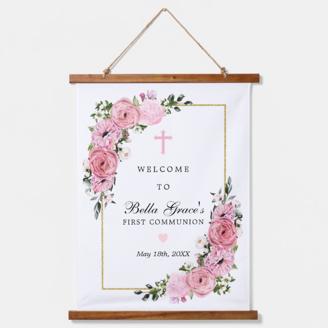 First Communion Pink Floral Keepsake Welcome Sign Hanging Tapestry (Front)