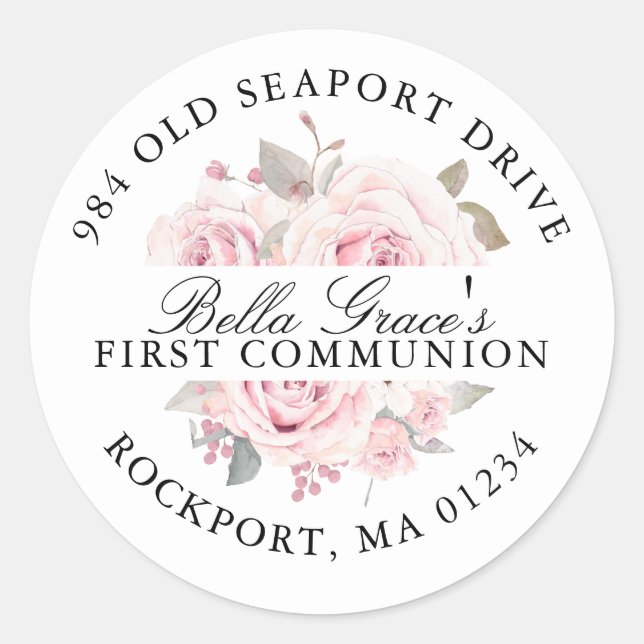 First Communion Pink Floral Return Address Label (Front)