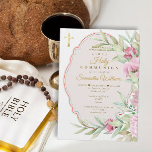 First Communion Pink Floral Watercolor Gold Cross Invitation