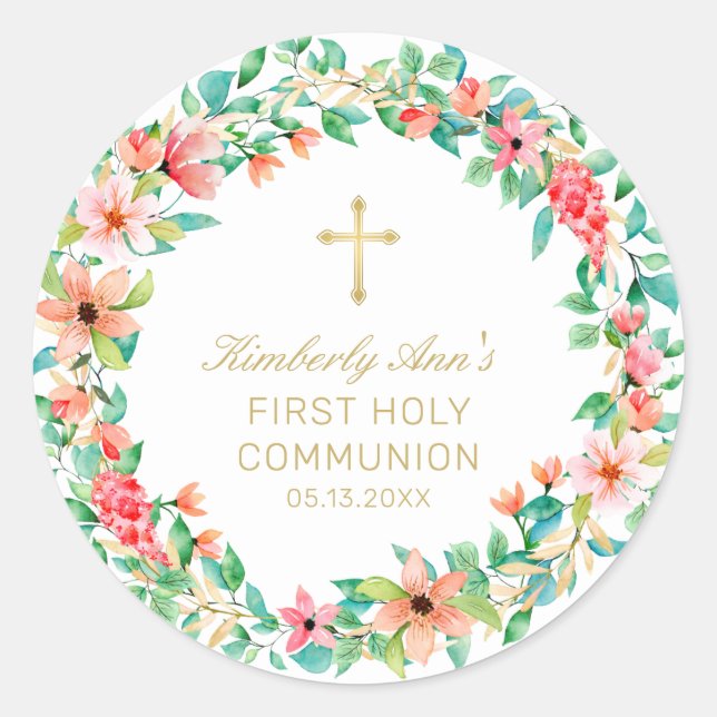 First Communion Pink Floral Wreath Gold Cross Name Classic Round Sticker (Front)