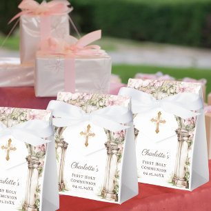 First Communion Pink Florals Arch Cross Favor Box