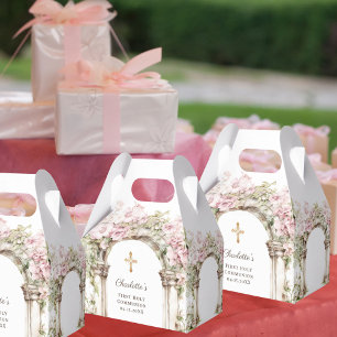 First Communion Pink Florals Arch Cross Favor Box