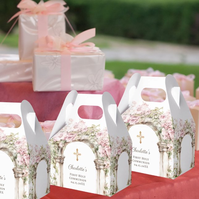 First Communion Pink Florals Arch Cross Favor Box (Creator Uploaded)