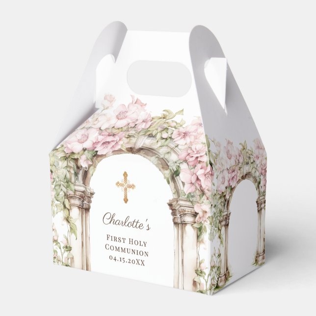 First Communion Pink Florals Arch Cross Favor Box (Front Side)