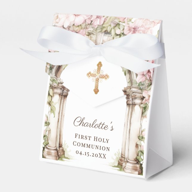 First Communion Pink Florals Arch Cross Favor Box (Front Side)