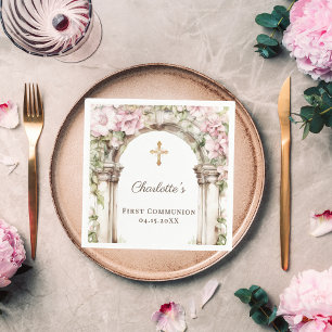 First Communion Pink Florals Arch Cross Luncheon Napkin