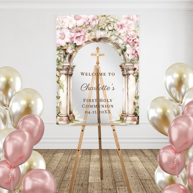 First Communion Pink Florals Arch Cross Welcome (Créateur téléchargé)