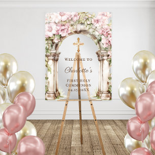 First Communion Pink Florals Arch Cross Welcome Acrylic Sign