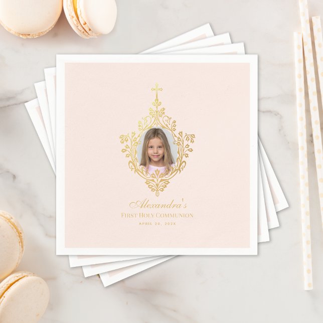First Communion Pink Girl Photo Faux Gold Cross Napkin (Creator Uploaded)