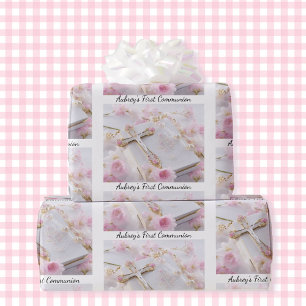 First Communion Pink Girl's Add Name White Wrapping Paper
