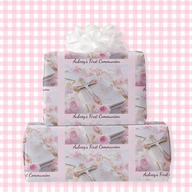 First Communion Pink Girl's Add Name Wrapping Paper (Creator Uploaded)