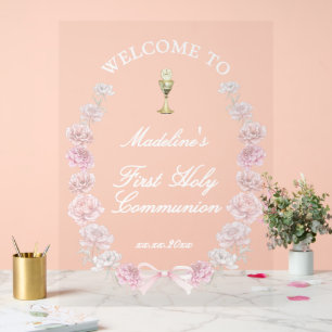 First Communion pink peonies welcome Acrylic Sign