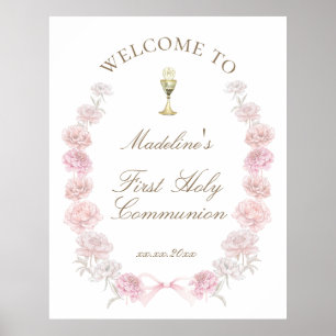 First Communion pink peonies welcome Poster