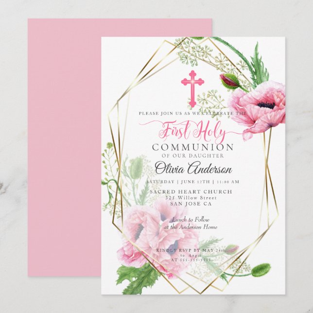 First Communion | Pink Poppies and Foliage 2 Invitation (Front/Back)