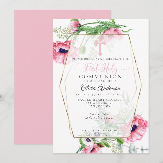 First Communion | Pink Poppies and Foliage Invitation (Front/Back)