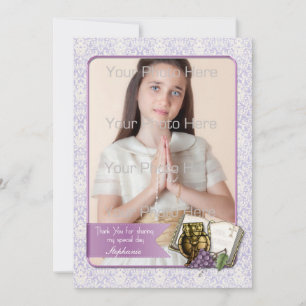 First Communion, Purple Damask Photo Card
