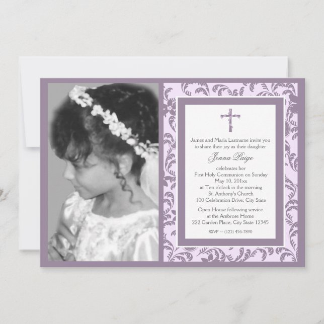 First Communion Purple Floral with Photo Invitation (Front)