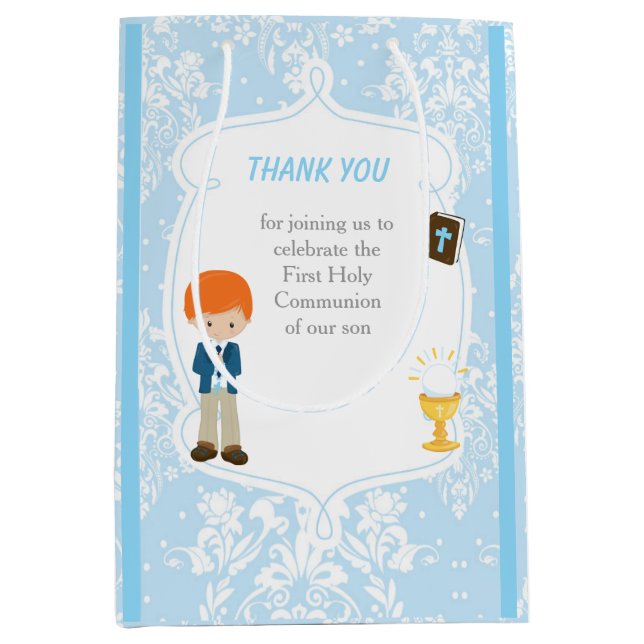 First Communion Red Hair Boy Thank You Medium Gift Bag (Front)