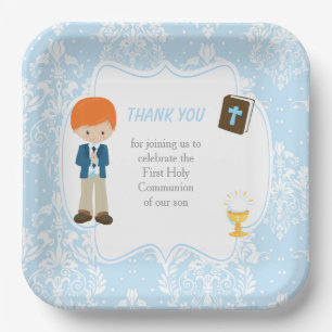First Communion Red Hair Boy Thank You Paper Plate