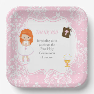 First Communion Red Hair Girl Thank You Paper Plate