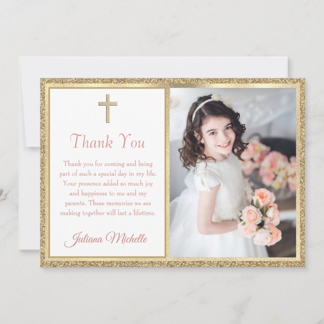First Communion Religious Gold Cross Girl Thank You Card (Front)