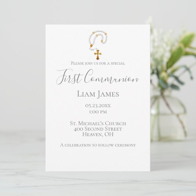 First Communion Rosary Simple Religious Event Invitation (Standing Front)