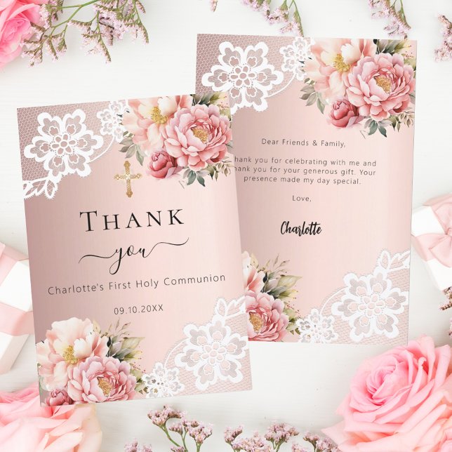 First Communion rose floral lace thank you card (Creator Uploaded)