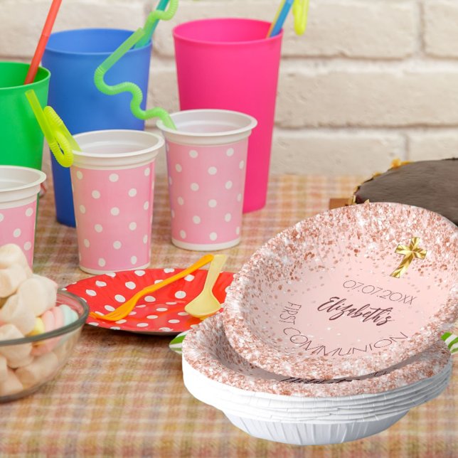 First Communion rose gold confetti girl name Paper Plate (Creator Uploaded)