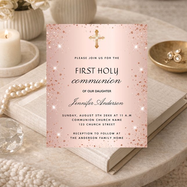 First communion rose gold glitter girl invitation postcard (Creator Uploaded)