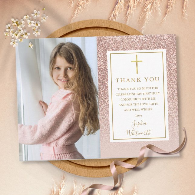 First Communion Rose Gold Glitter Photo Thank You Postcard (Creator Uploaded)