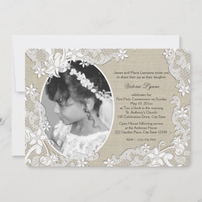First Communion Rustic Floral with Photo Invitation (Front)