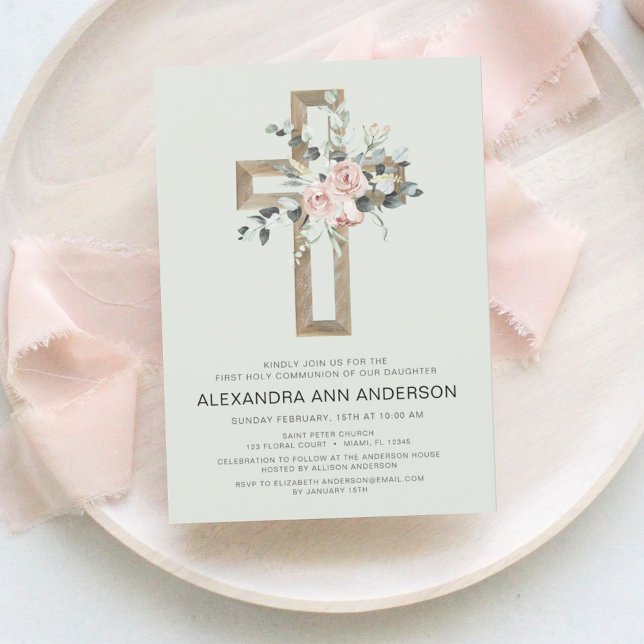 First Communion Sage Green Blush Pink Floral  Invitation (Creator Uploaded)